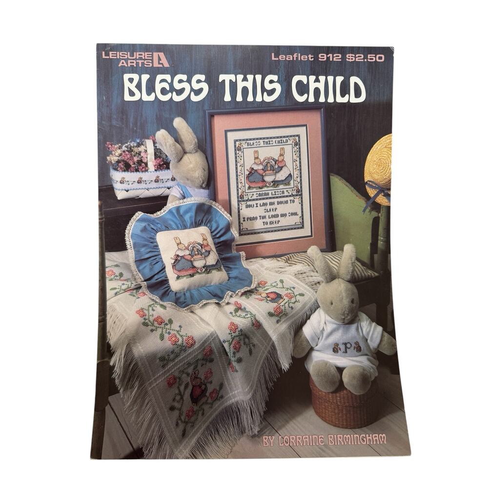 Vintage Bless This Child Bedtime Prayer Cross Stitch Design Leaflet Rabbits Baby